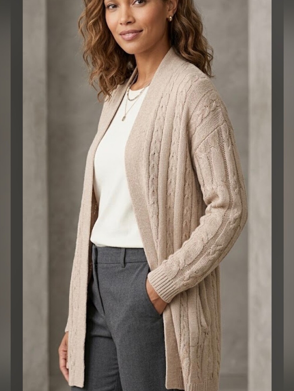 J.Jill Cable Knit Open Front Cardigan Sweater Beige Neutral Size XS